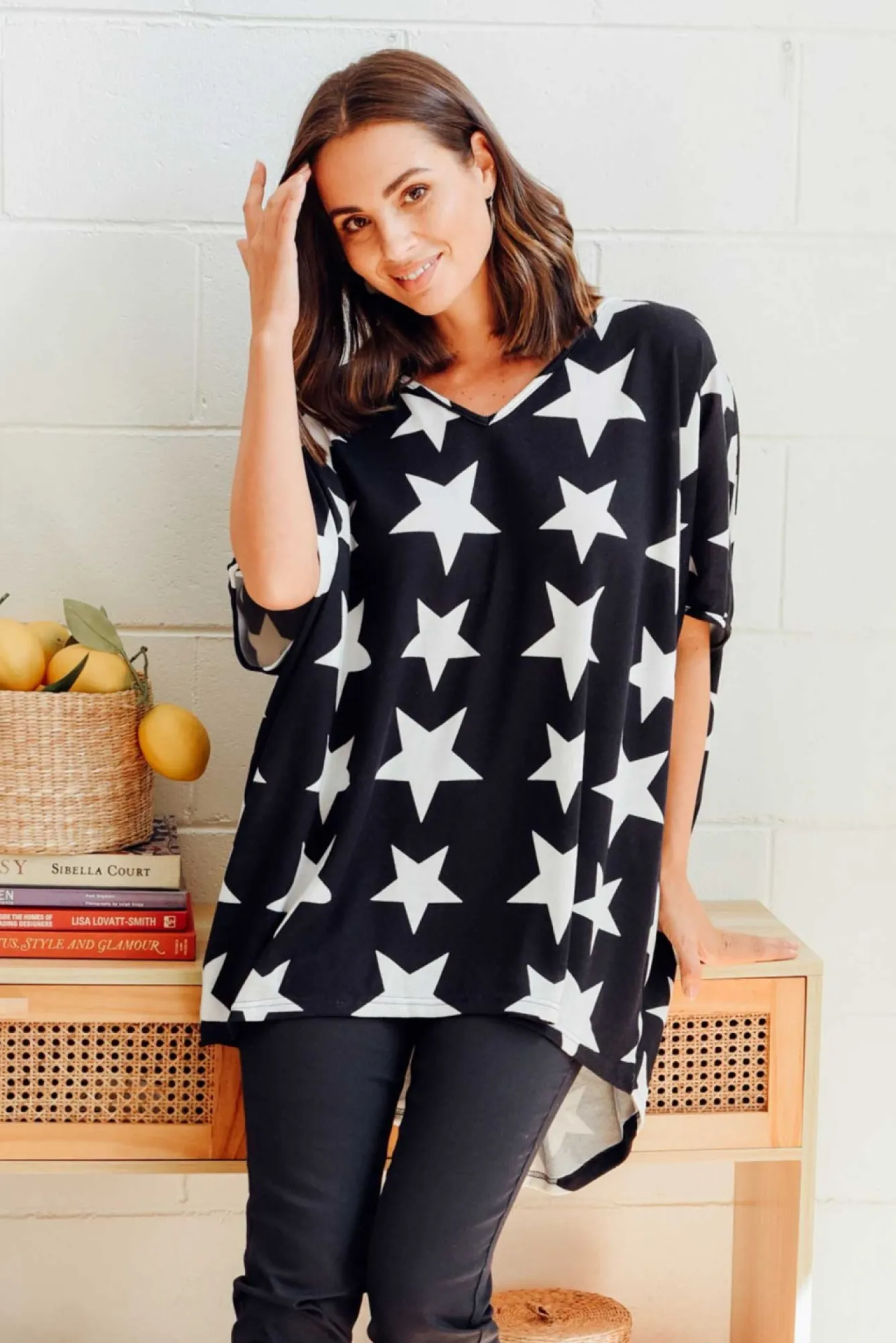 Tunic Tops<La Mode Aaron Navy Star Knit Drape Top