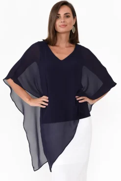 Sleeved Tops<Four Girlz Adaline Navy Asymmetric Draped Top