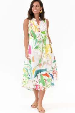 Linen Dresses<Wear Colour Adams White Abstract Linen Dress