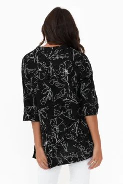 Linen Tops<Ruby Rain Adara Black Flower Linen Cotton Top