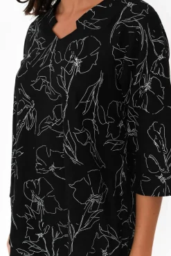 Linen Tops<Ruby Rain Adara Black Flower Linen Cotton Top