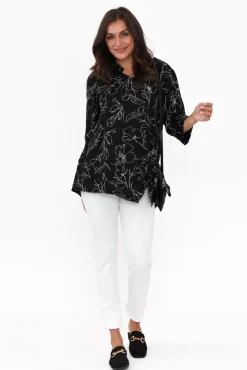 Linen Tops<Ruby Rain Adara Black Flower Linen Cotton Top