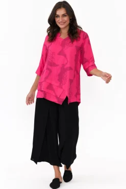 Linen Tops<Ruby Rain Adara Pink Abstract Linen Cotton Top