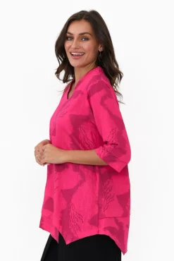 Linen Tops<Ruby Rain Adara Pink Abstract Linen Cotton Top