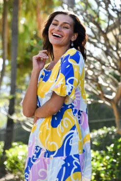 Midi Dresses<New U Collection Addison Blue Abstract Tier Dress