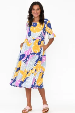 Midi Dresses<New U Collection Addison Blue Abstract Tier Dress