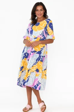 Midi Dresses<New U Collection Addison Blue Abstract Tier Dress