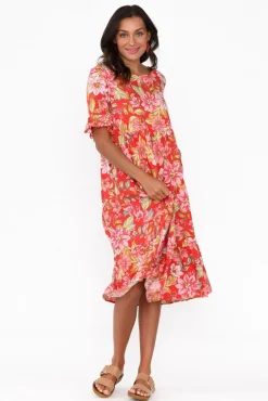 Midi Dresses<New U Collection Addison Red Bloom Tier Dress