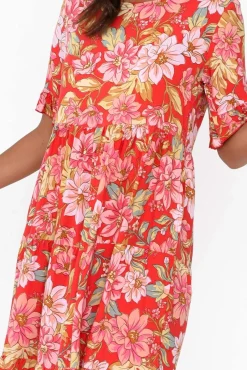 Midi Dresses<New U Collection Addison Red Bloom Tier Dress