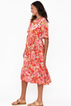 Midi Dresses<New U Collection Addison Red Bloom Tier Dress