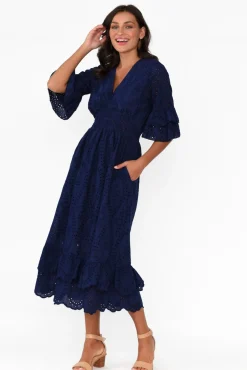 Cotton Dresses<La Strada Adia Navy Embroidered Cotton Frill Dress