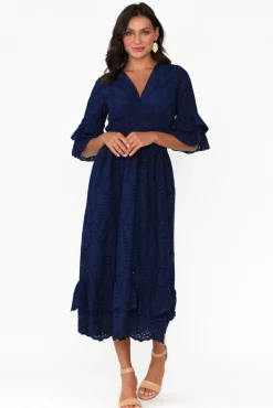 Cotton Dresses<La Strada Adia Navy Embroidered Cotton Frill Dress