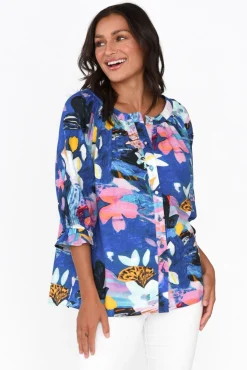 Cotton Tops<Liberty Rose Adria Cobalt Floral Linen Cotton Top