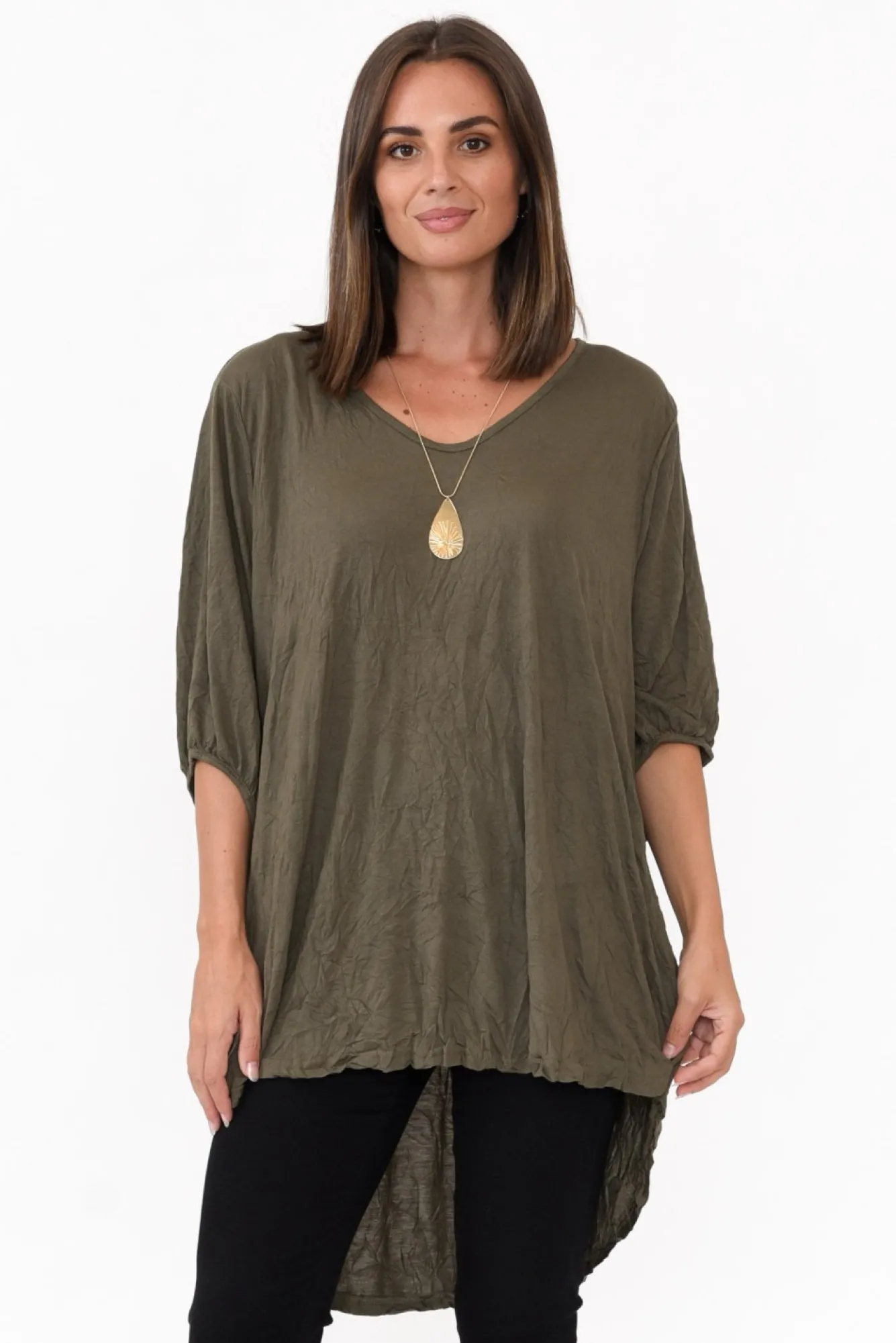 Cotton Tops<Cotton Village Agnes Khaki Crinkle Cotton Hi Lo Top