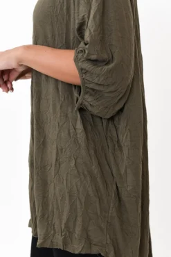 Cotton Tops<Cotton Village Agnes Khaki Crinkle Cotton Hi Lo Top