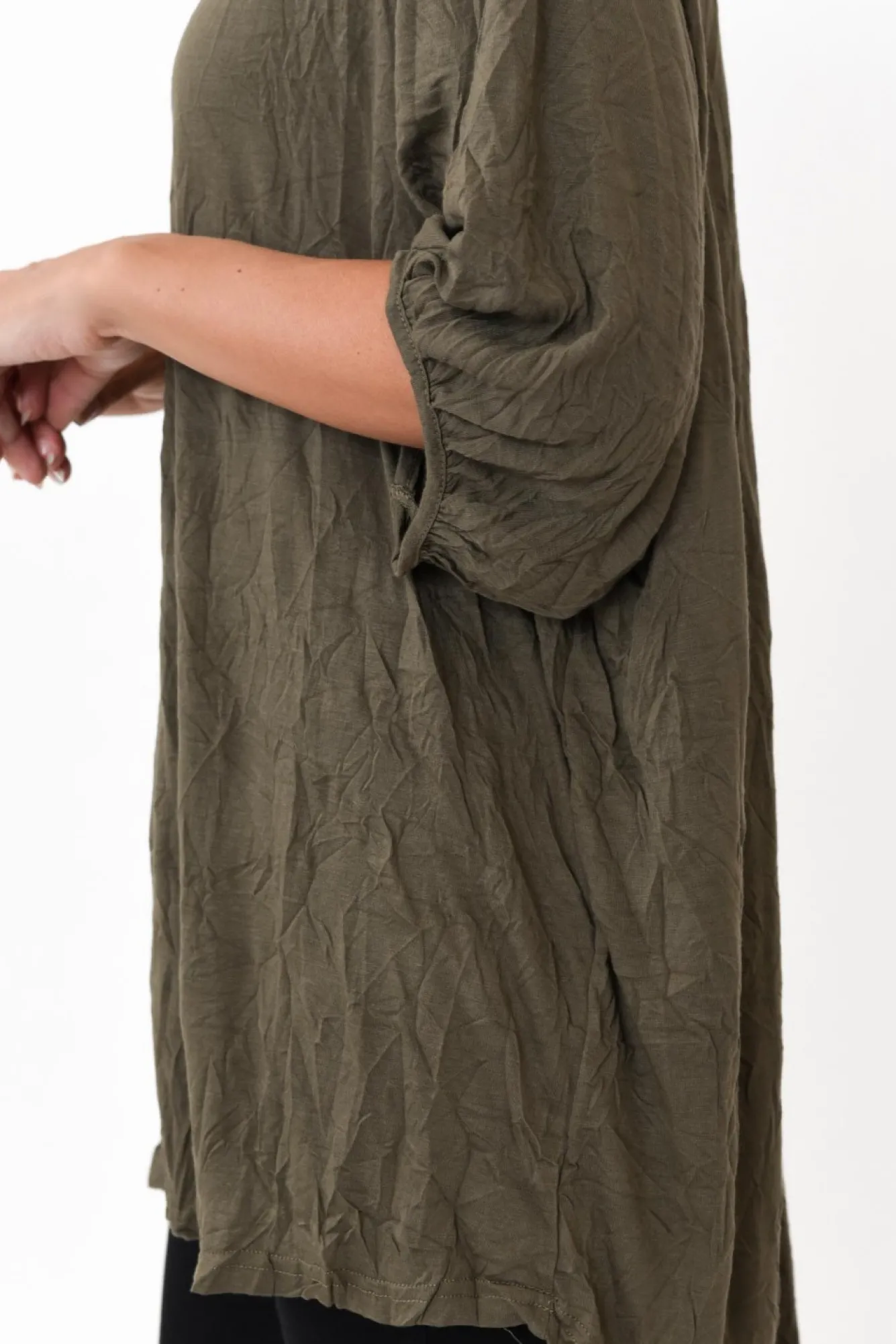 Cotton Tops<Cotton Village Agnes Khaki Crinkle Cotton Hi Lo Top