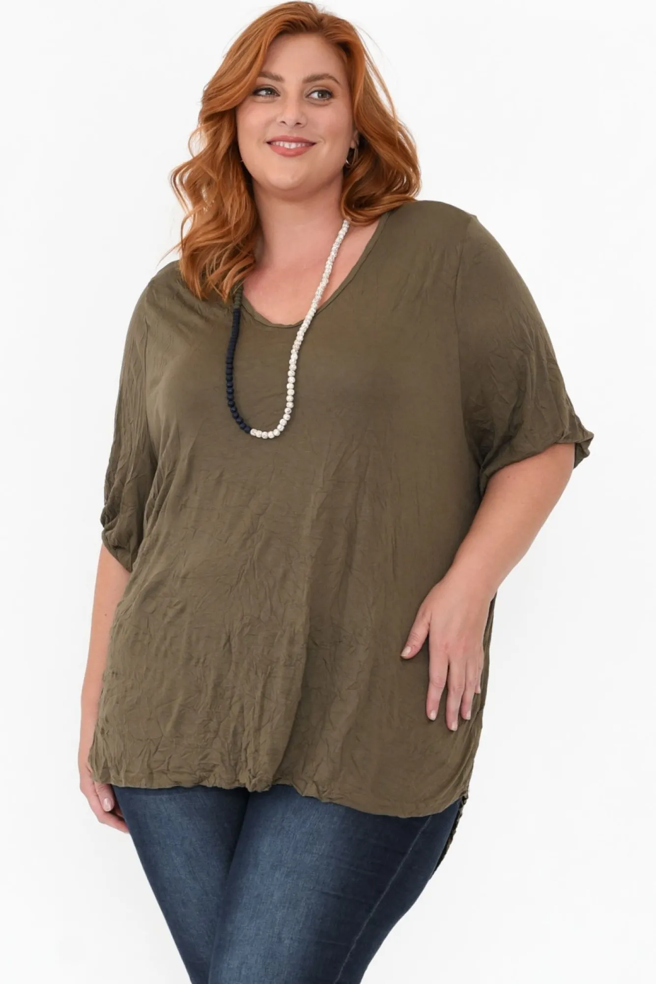 Cotton Tops<Cotton Village Agnes Khaki Crinkle Cotton Hi Lo Top