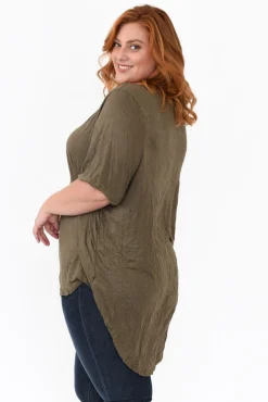 Cotton Tops<Cotton Village Agnes Khaki Crinkle Cotton Hi Lo Top