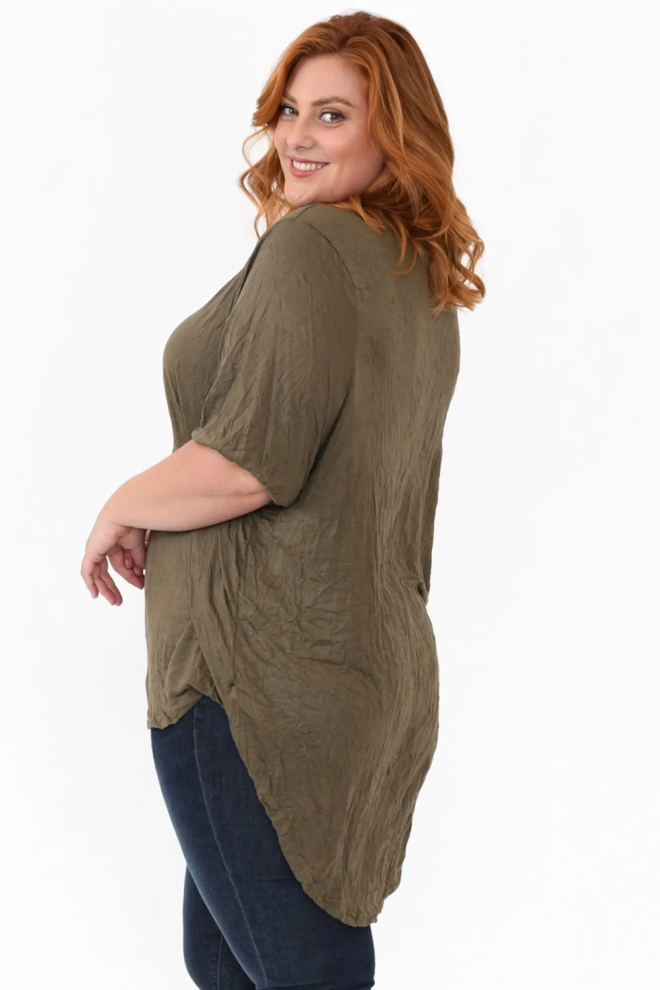 Cotton Tops<Cotton Village Agnes Khaki Crinkle Cotton Hi Lo Top