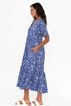 Midi Dresses<New U Collection Akira Blue Blossom Button Tier Dress