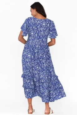 Midi Dresses<New U Collection Akira Blue Blossom Button Tier Dress