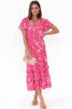 Midi Dresses<New U Collection Akira Pink Tropical Button Tier Dress