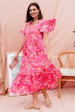 Midi Dresses<New U Collection Akira Pink Tropical Button Tier Dress
