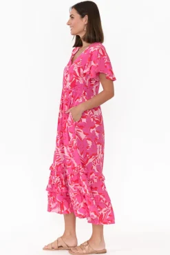 Midi Dresses<New U Collection Akira Pink Tropical Button Tier Dress