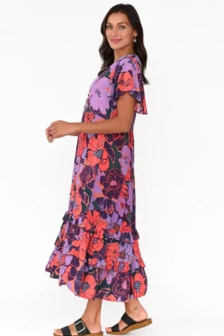 Midi Dresses<New U Collection Akira Purple Flower Button Tier Dress