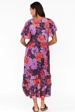 Midi Dresses<New U Collection Akira Purple Flower Button Tier Dress