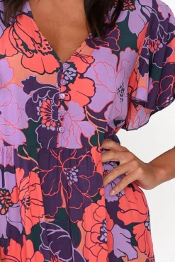 Midi Dresses<New U Collection Akira Purple Flower Button Tier Dress