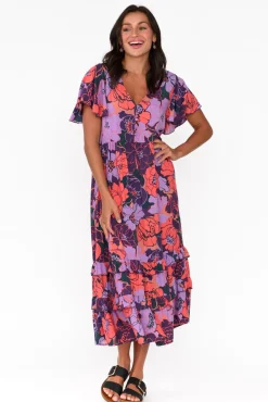 Midi Dresses<New U Collection Akira Purple Flower Button Tier Dress