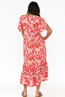 Midi Dresses<New U Collection Akira Red Bloom Button Tier Dress