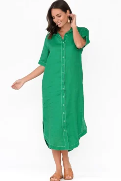 Linen Dresses<Label of Love Alaska Green Linen Shirt Dress
