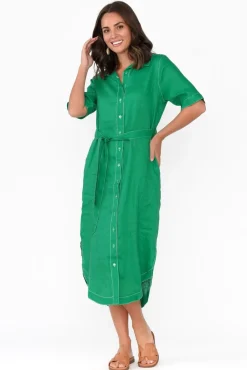 Linen Dresses<Label of Love Alaska Green Linen Shirt Dress