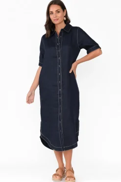 Linen Dresses<Label of Love Alaska Navy Linen Shirt Dress