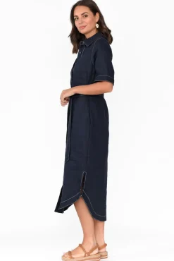 Linen Dresses<Label of Love Alaska Navy Linen Shirt Dress