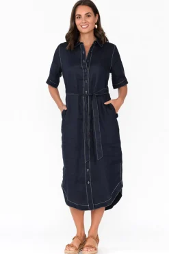 Linen Dresses<Label of Love Alaska Navy Linen Shirt Dress