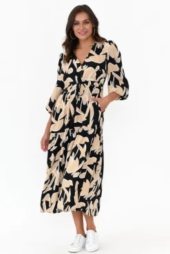 Midi Dresses<Silver Wishes Alba Black Abstract Button Tie Dress