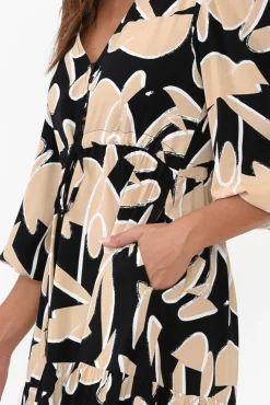 Midi Dresses<Silver Wishes Alba Black Abstract Button Tie Dress