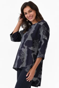 Linen Tops<Ruby Rain Alessi Navy Abstract Cotton Linen Top