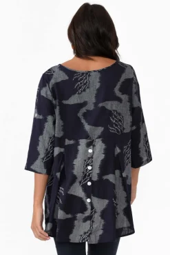 Linen Tops<Ruby Rain Alessi Navy Abstract Cotton Linen Top