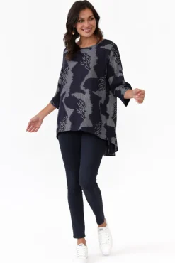 Linen Tops<Ruby Rain Alessi Navy Abstract Cotton Linen Top