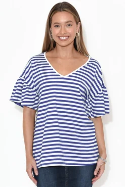 Cotton Tops<Betty Basics Alessia Blue Stripe Cotton Frill Top