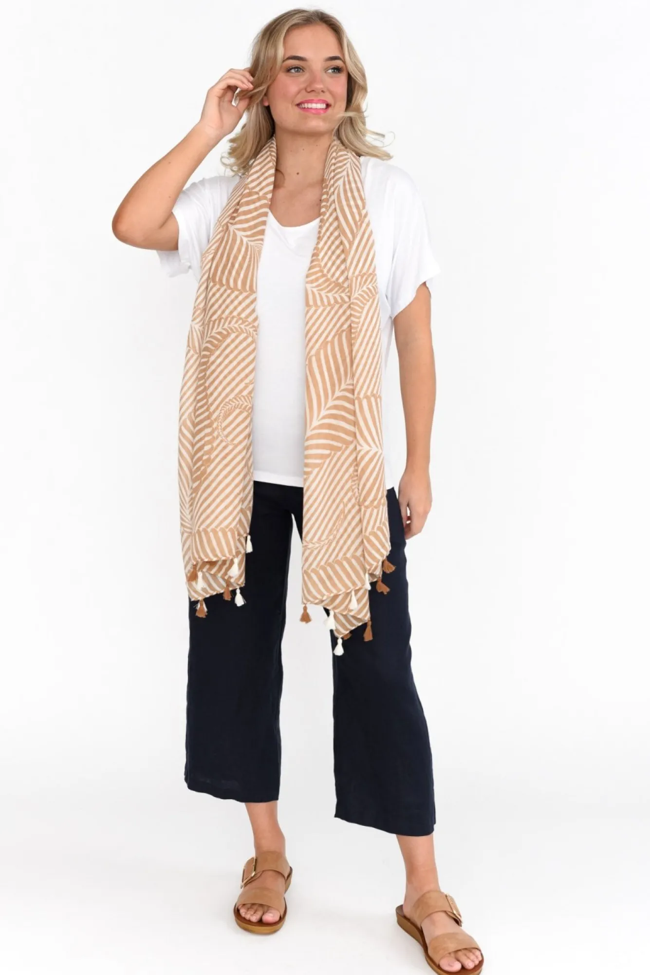 Scarves<Enhance Alize Tan Geometric Scarf