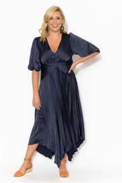 Midi Dresses<YH and CO Allison Navy Pleated Midi Dress