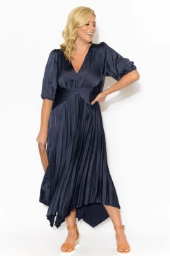 Midi Dresses<YH and CO Allison Navy Pleated Midi Dress