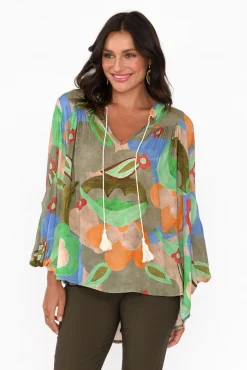 Sleeved Tops<Italian Star Althea Khaki Blossom V Neck Top