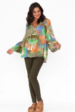 Sleeved Tops<Italian Star Althea Khaki Blossom V Neck Top