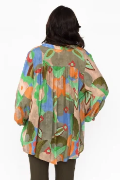 Sleeved Tops<Italian Star Althea Khaki Blossom V Neck Top